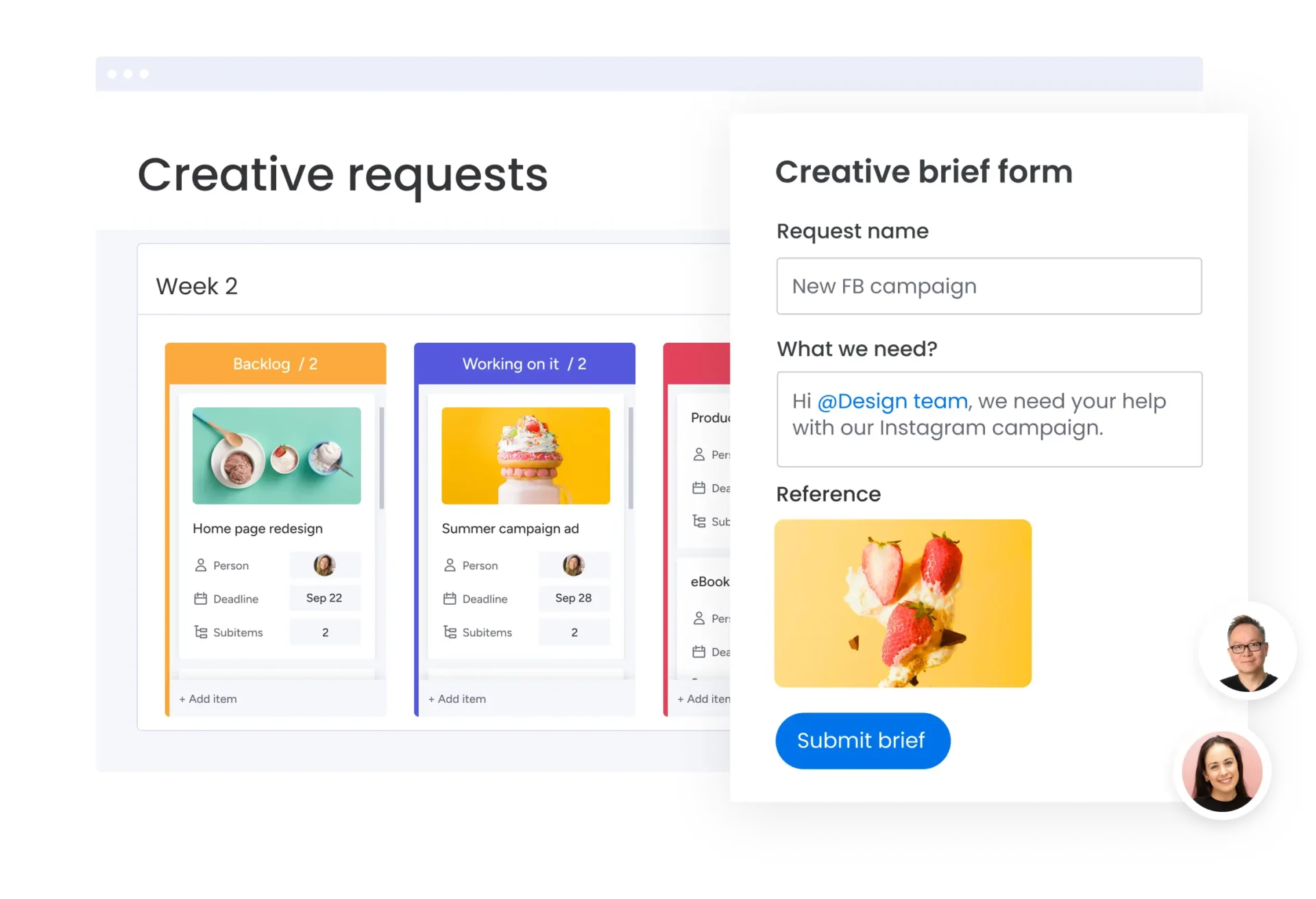 Visual representation of monday.com displaying marketing requests and a creative brief form.
