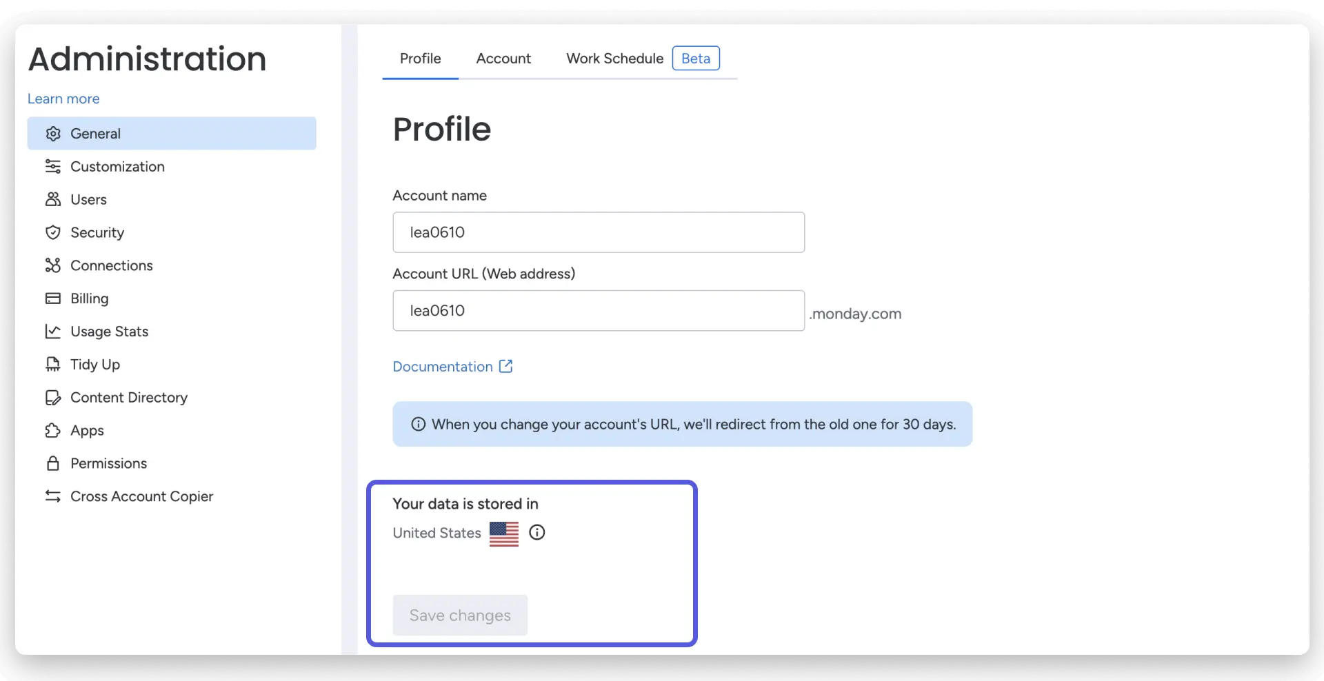 Screenshot of the data residency settings in a Monday.com account, illustrating how to check if the account is on EU data hosting.