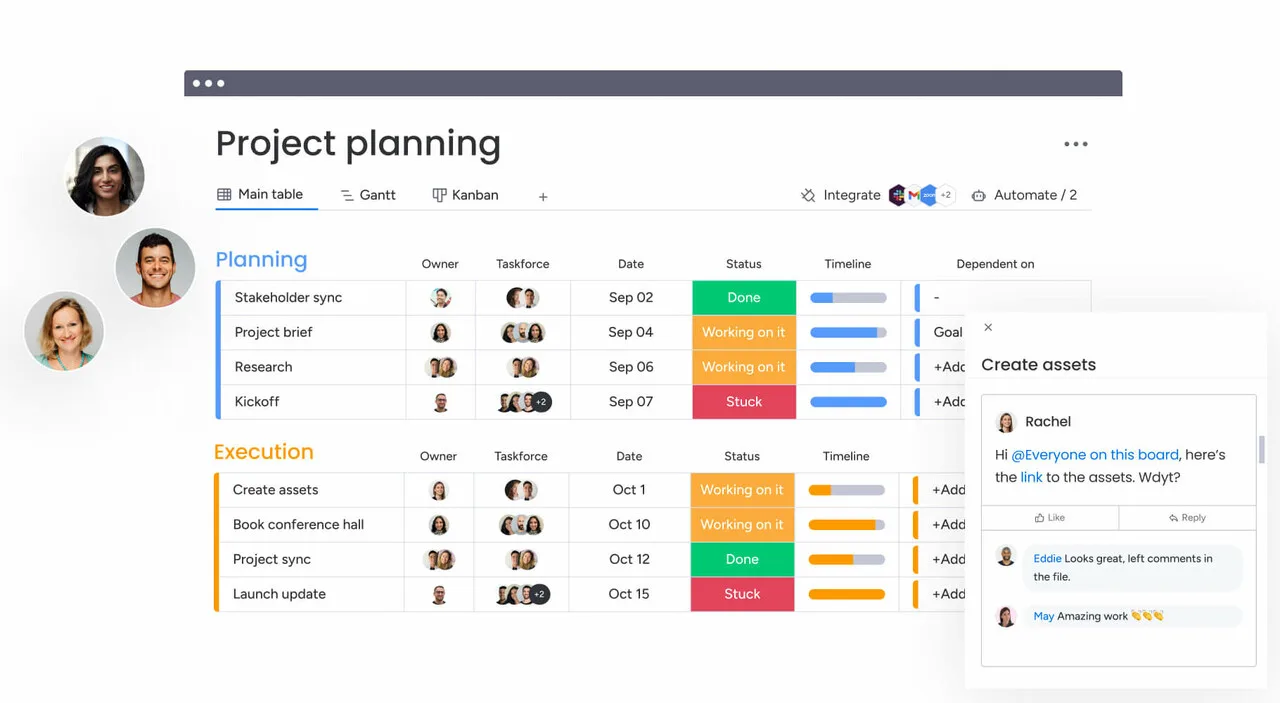 Screenshot of a project planning board within the monday.com platform, displaying team collaboration and task management.
