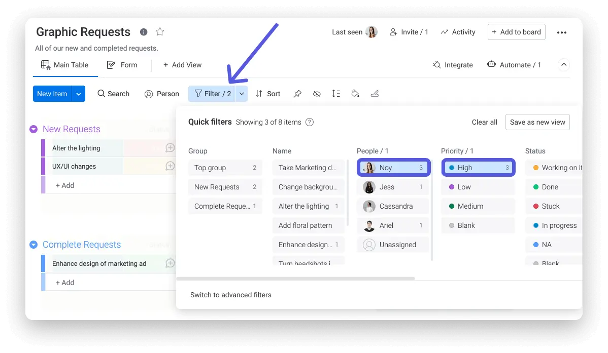 Shows how to filter internal marketing requests using monday.com’s dashboard filtering feature.