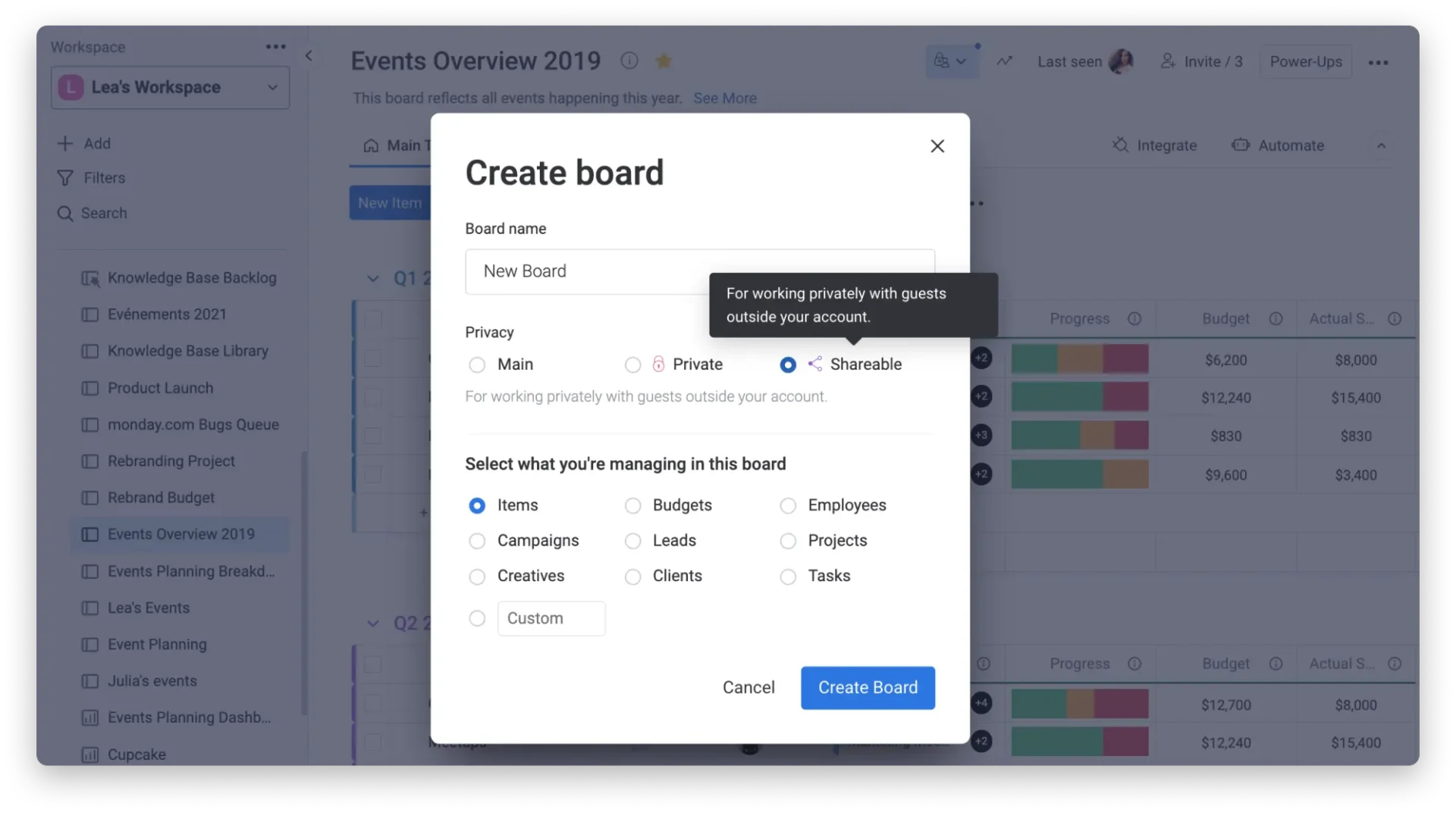 Screenshot of the monday.com platform with the cursor on the 'Create Shareable Board' option, highlighting the ability to collaborate with external guests.
