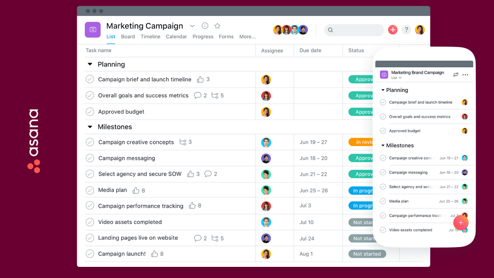 schermafbeelding van Asana user interface op desktop en mobiel ter ondersteuning van de monday vs Asana vergelijking