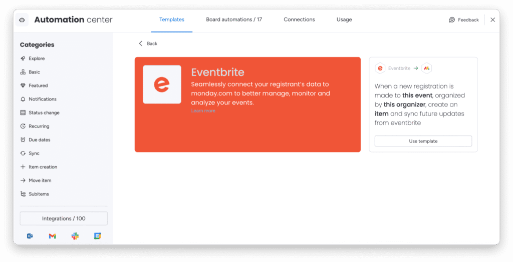 "Screenshot of the Monday.com automation center displaying the Eventbrite integration, highlighting how the platform streamlines workflows as an event management tool.