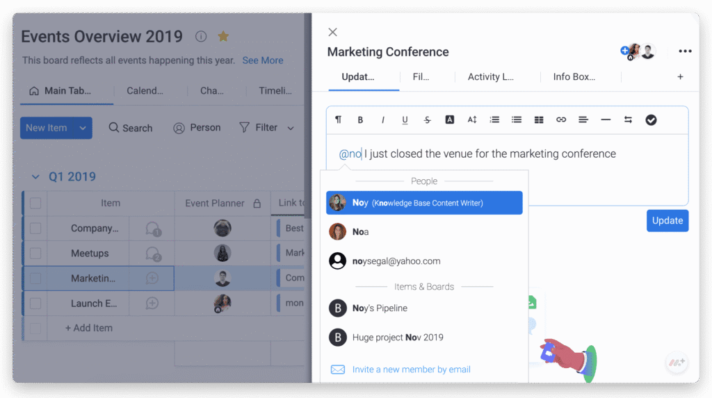Screenshot of the updates section on a Monday.com board titled 'Events Overview 2019', showing team communication about the event venue—demonstrating Monday.com as an effective event management tool.
