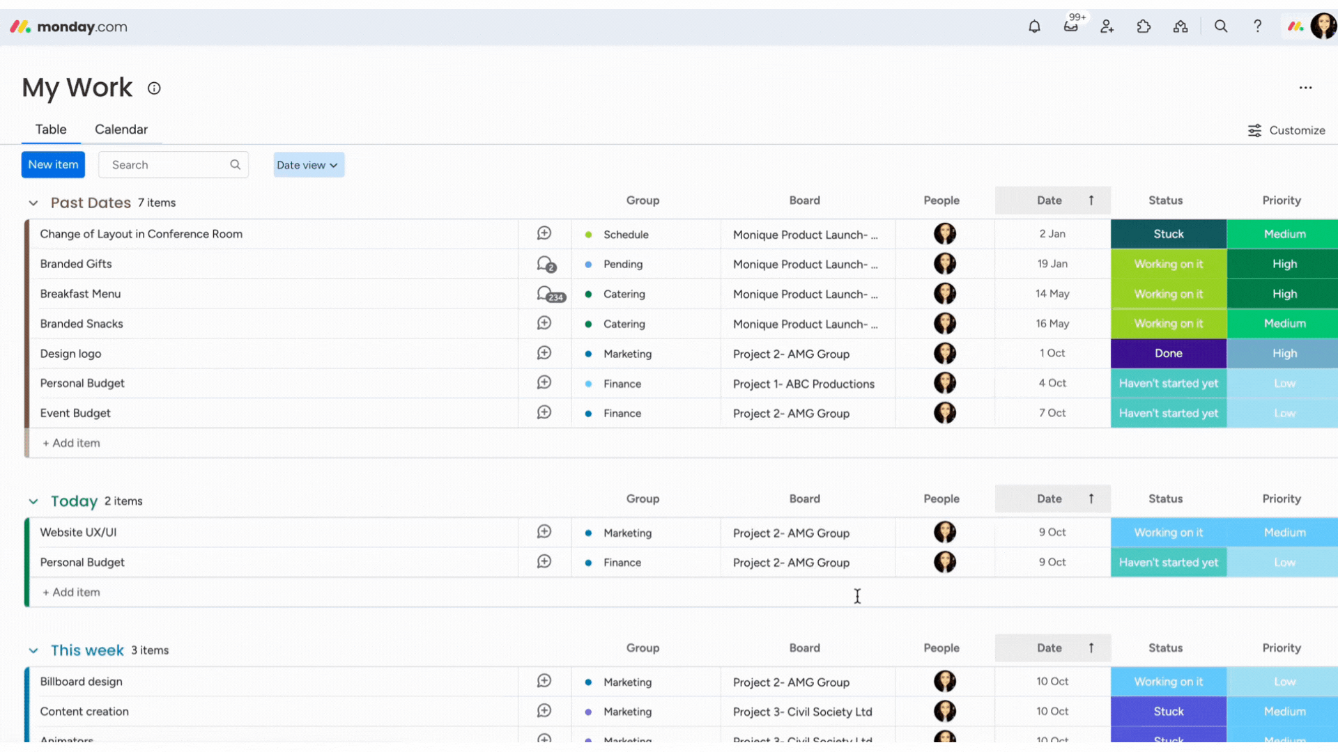 GIF of the 'My Work' feature in monday.com task management software, showing an overview of all your tasks grouped by due date.