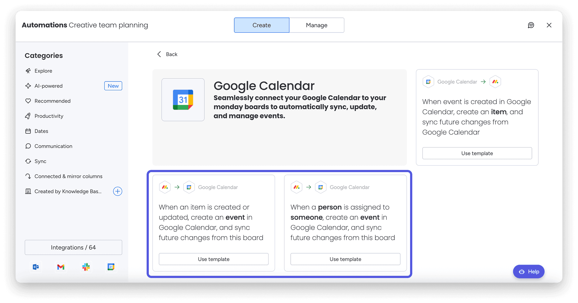 Monday.com Automations Center showing how to integrate Google Calendar into workflows for managing tasks.