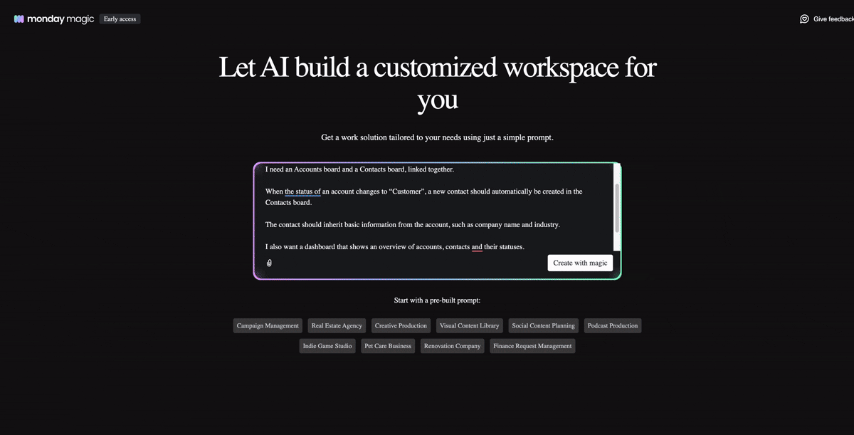 monday magic automatically building a CRM workspace with accounts, contacts and a dashboard in monday.com.