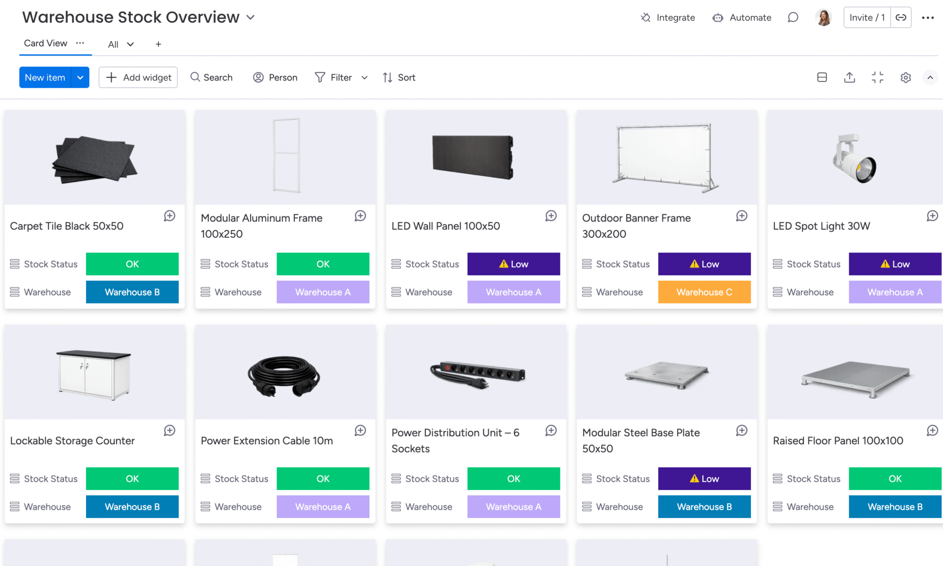 Card View in monday.com showing a warehouse stock overview with product image, stock status, and location.