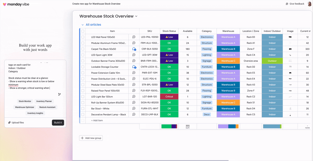 monday vibe creating a custom product inventory interface from a single text prompt in monday.com.